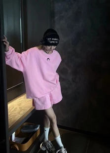 秋季新款月亮刺绣卫衣美式套装 阔腿短裤休闲运动宽松两件套粉色