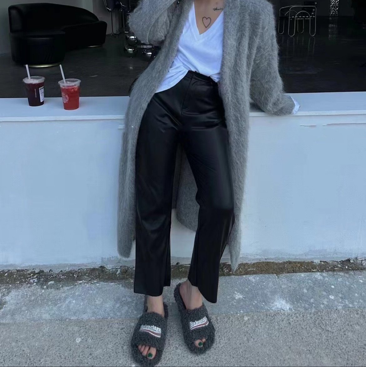 秋冬新款加厚加绒pu皮裤高腰九分裤 时尚洋气百搭显瘦直筒裤女