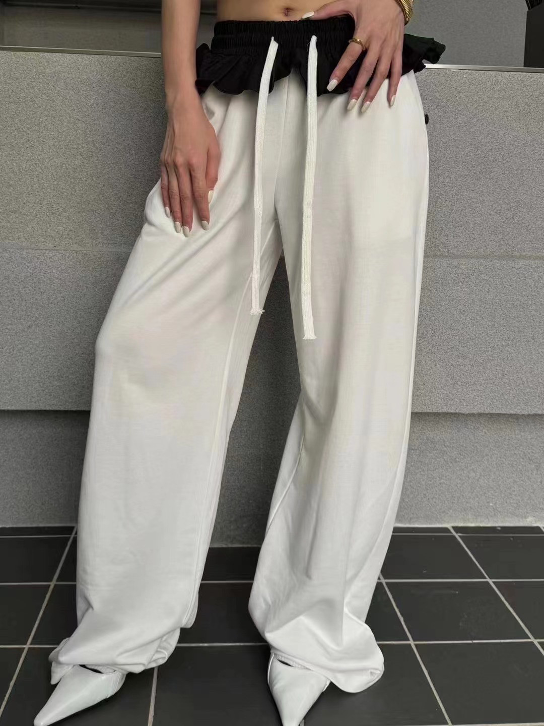 韩版春夏季新款设计感荷叶边拼接卫裤女 休闲宽松直筒拖地裤潮