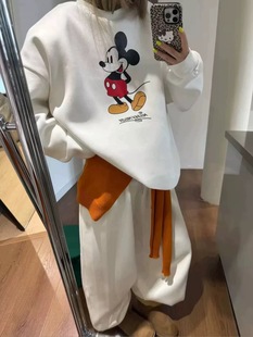 韩系松弛感卡通印花加绒加厚卫衣套装束脚直筒裤抽绳懒惰风两件套