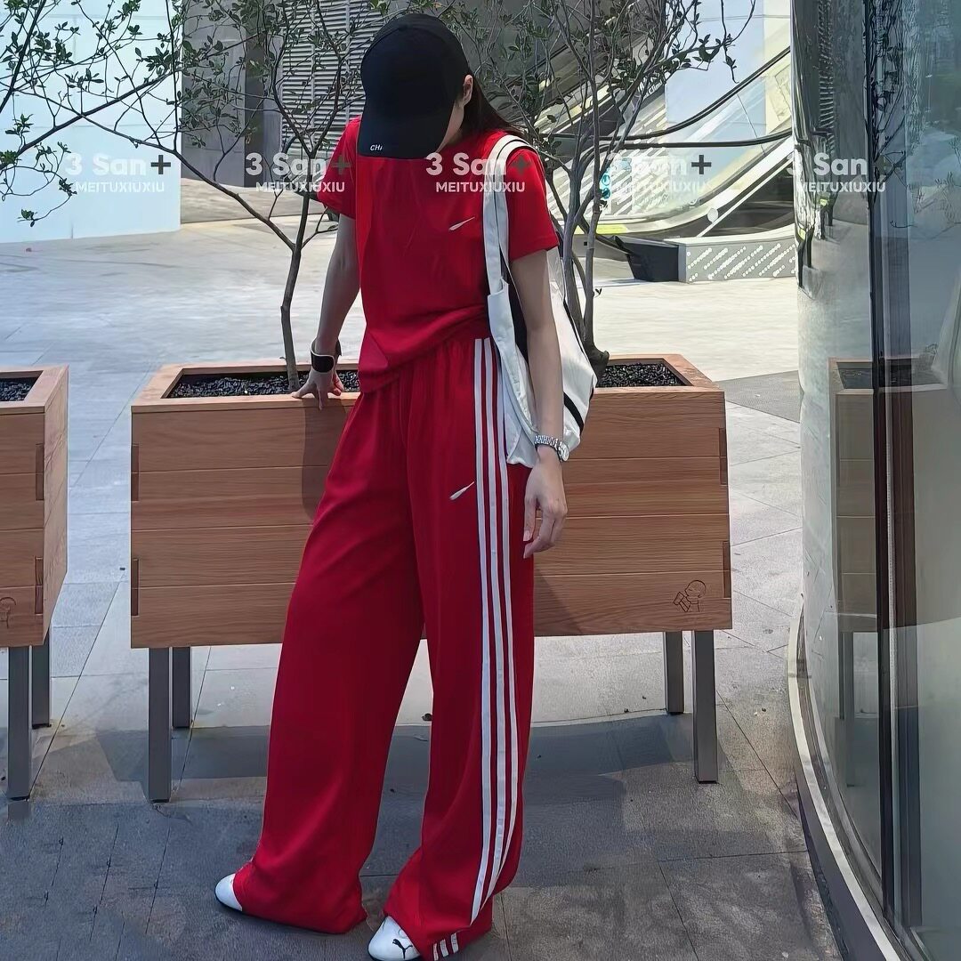 韩系夏季新款修身短袖T恤+高腰显瘦直筒裤休闲运动套装女