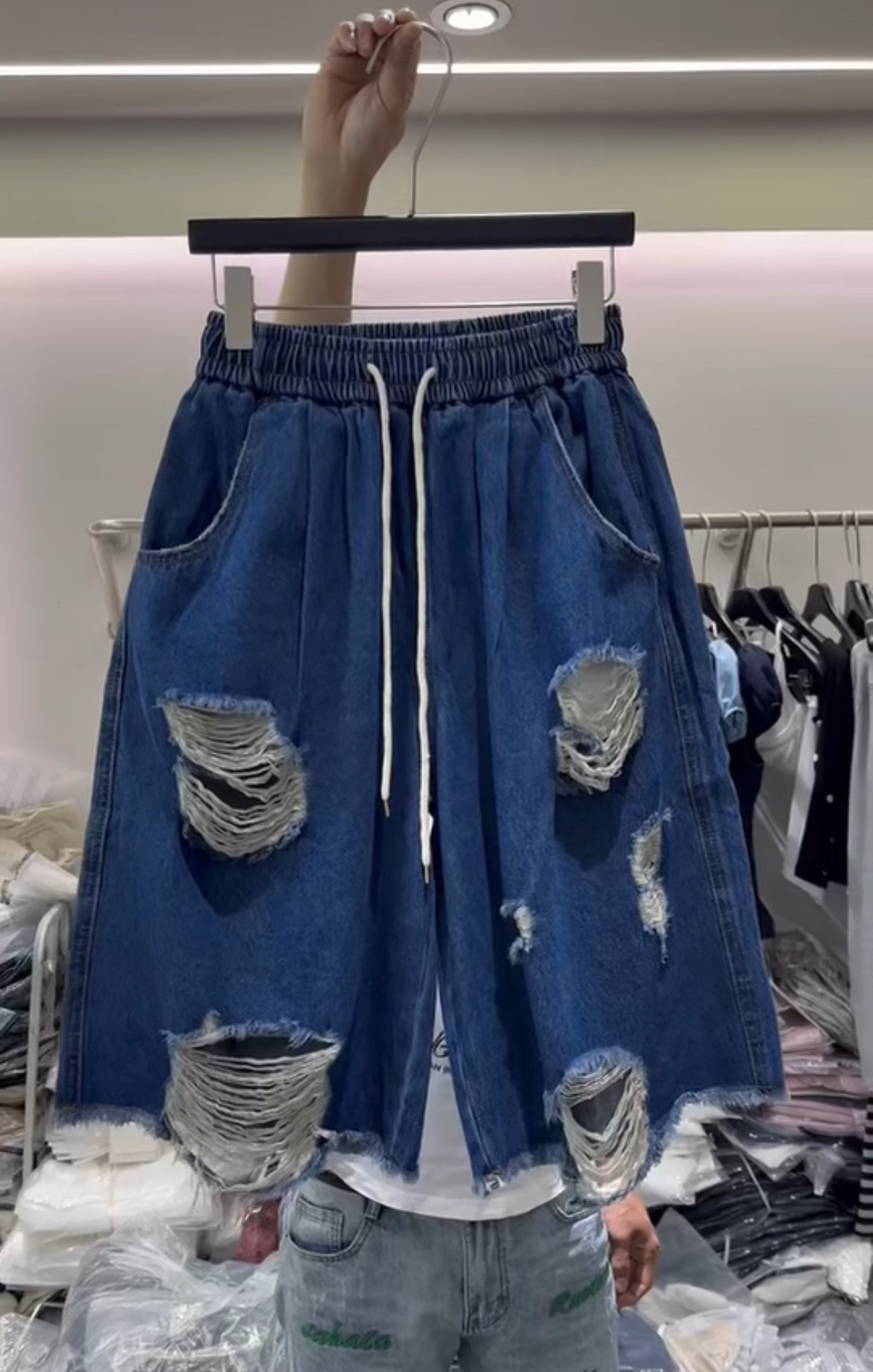 夏季新款美式复古破洞毛边牛仔短裤女宽松直筒五分裤休闲百搭裤子