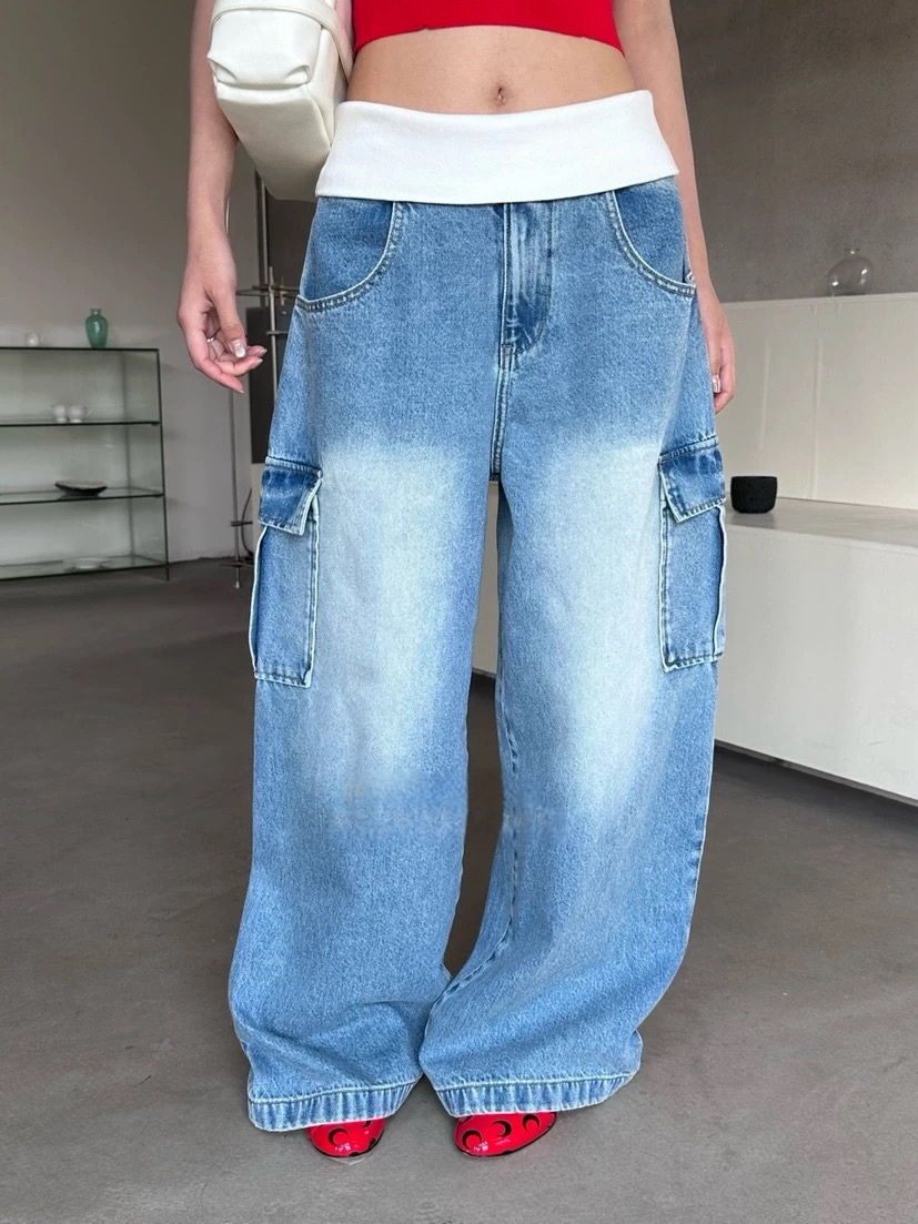 韩系2026早春新款设计感复古风渐变色水洗工艺阔腿牛仔裤工装潮