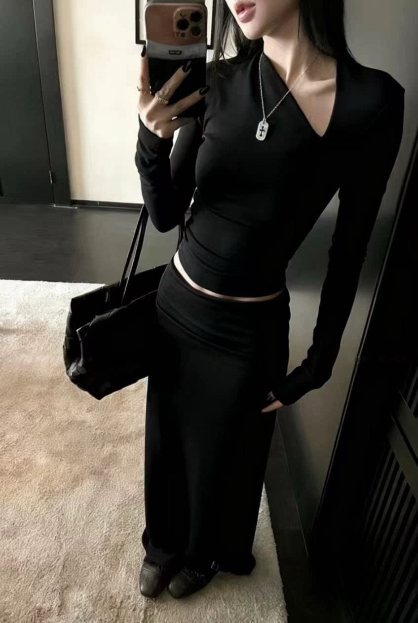 秋冬新套装裙女斜V领加绒T恤女修身显瘦内搭打底衫加半身裙两件套