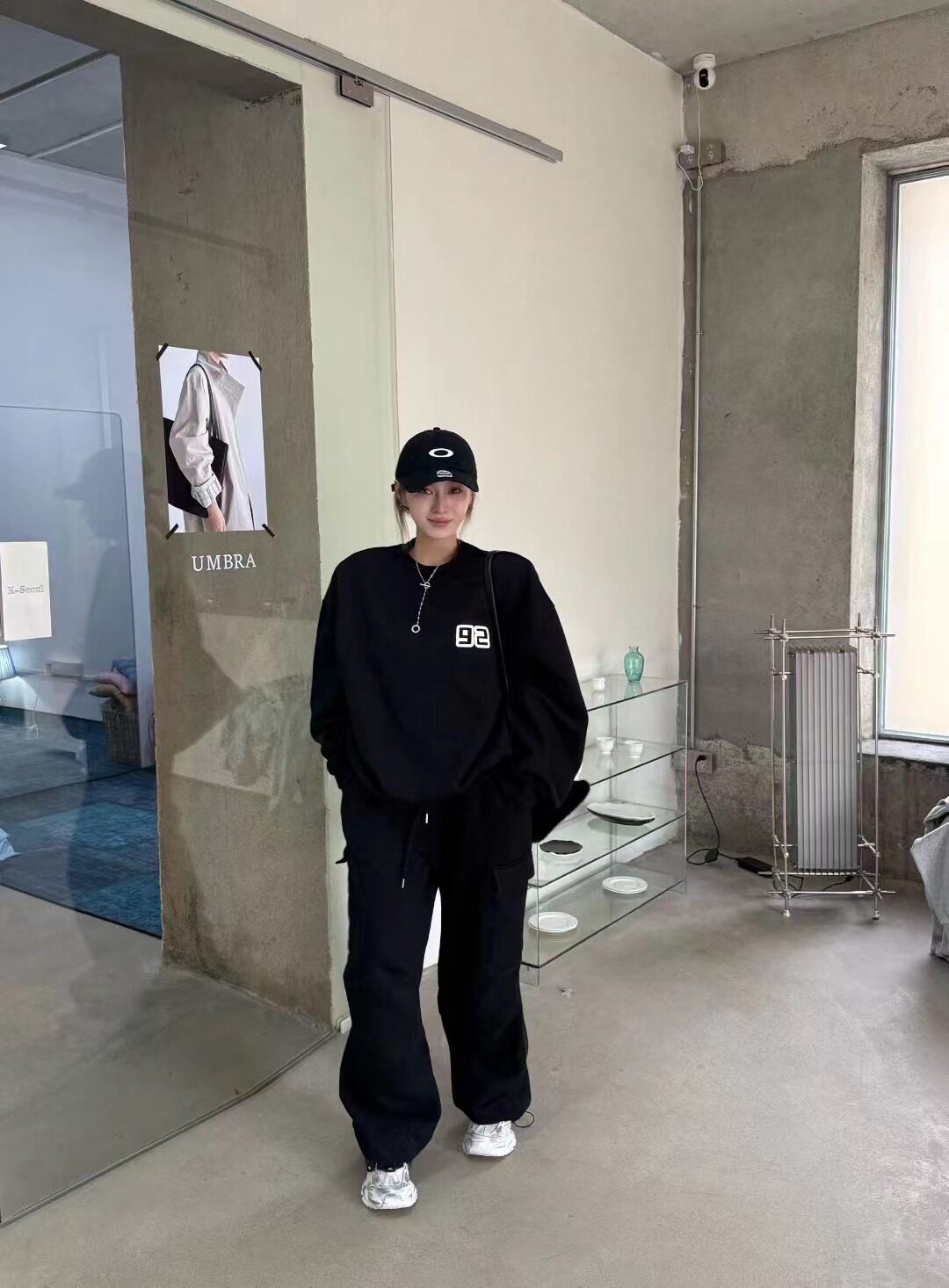 美式冬季套装时尚圆领前后字母印花加绒宽松卫衣松紧腰卫裤两件套