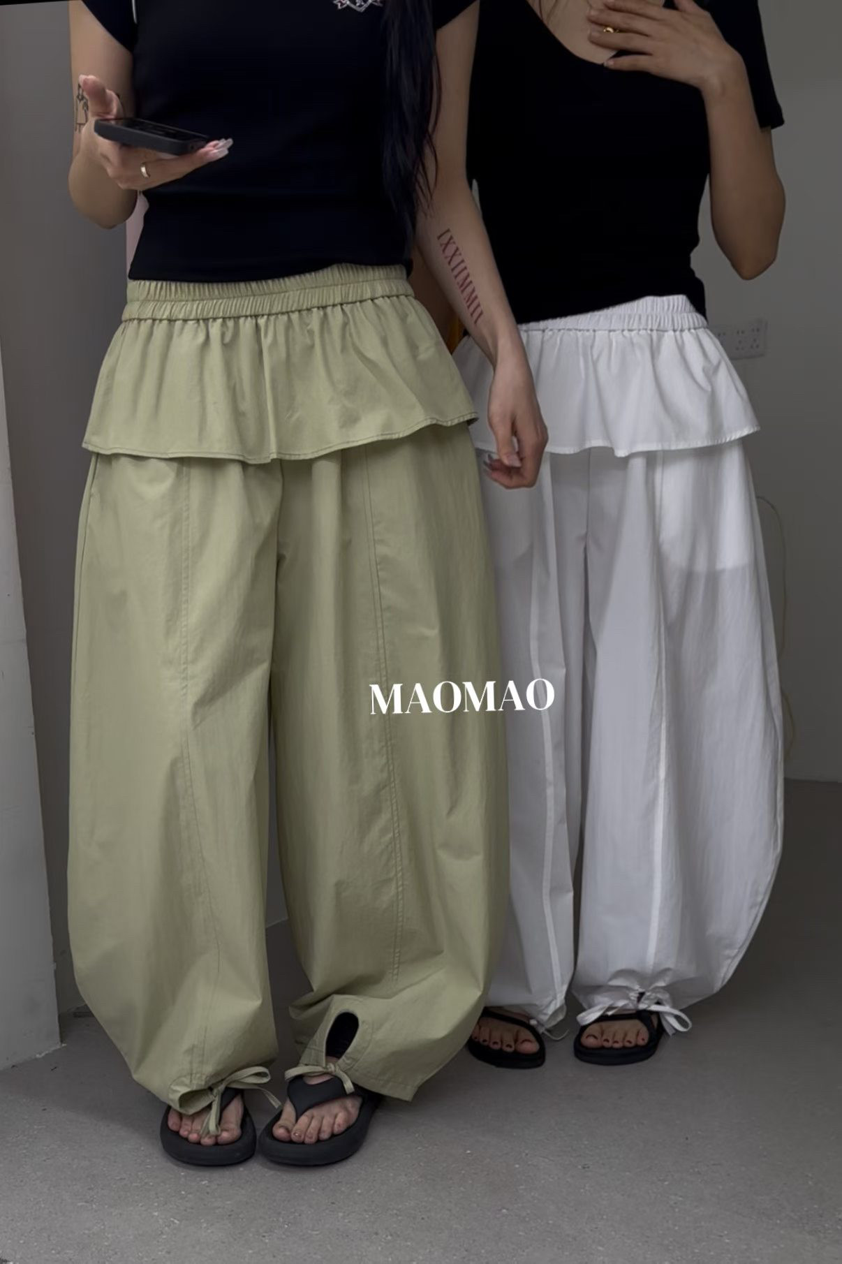 韩系夏季新款荷叶边休闲裤女设计感小众宽松显瘦阔腿裤系带束脚裤