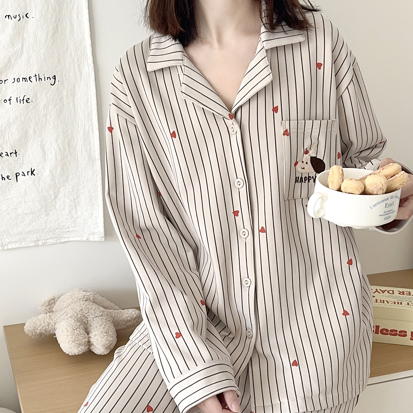 2025新款卡通条纹睡衣女款春秋纯棉长袖可外穿甜美家居服套装冬天