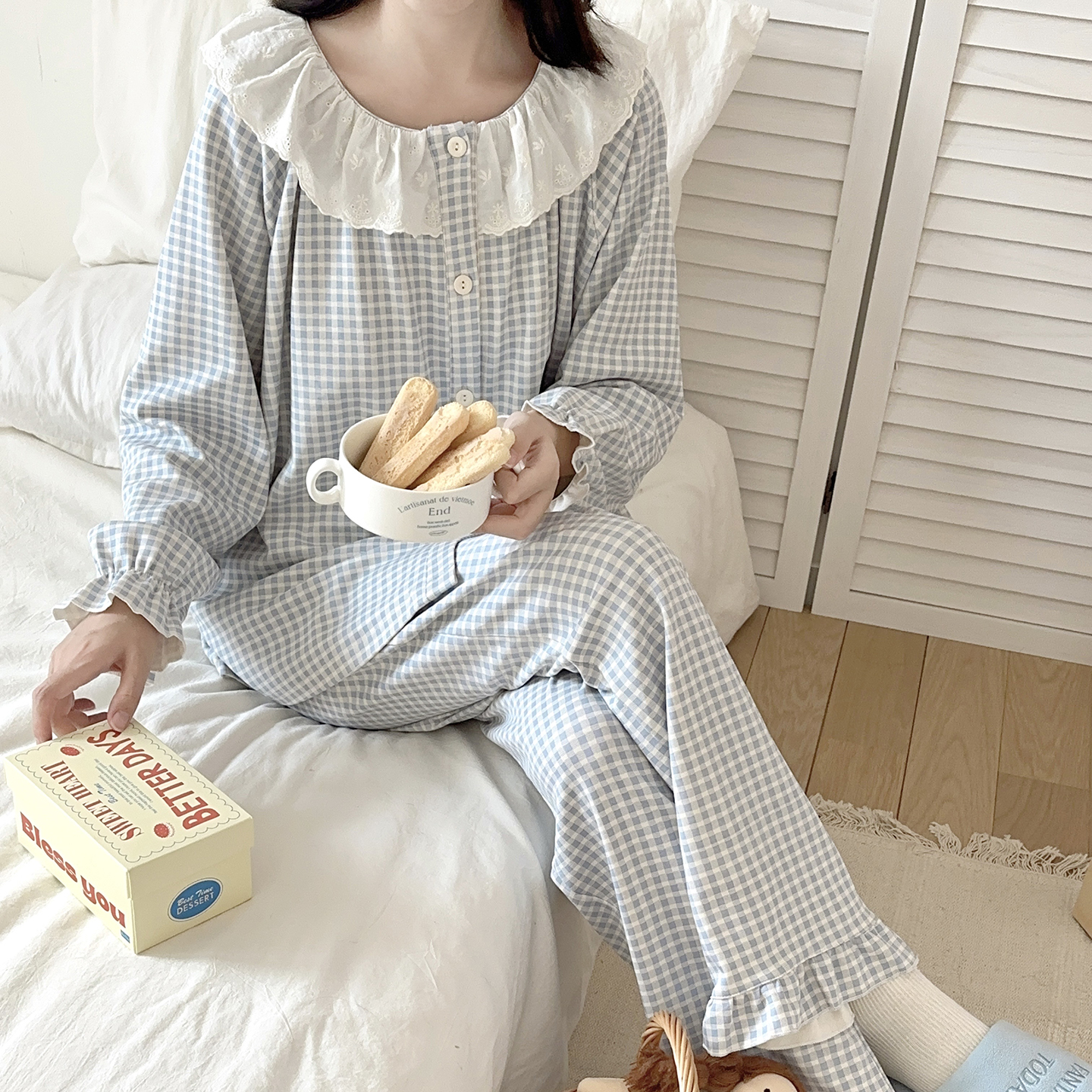 2025新款格子纯棉睡衣女款春秋长袖长裤甜美公主风家居服套装冬天