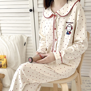 可外穿家居服套装 冬天 长袖 卡通波点娃娃领纯棉睡衣女春秋2025新款