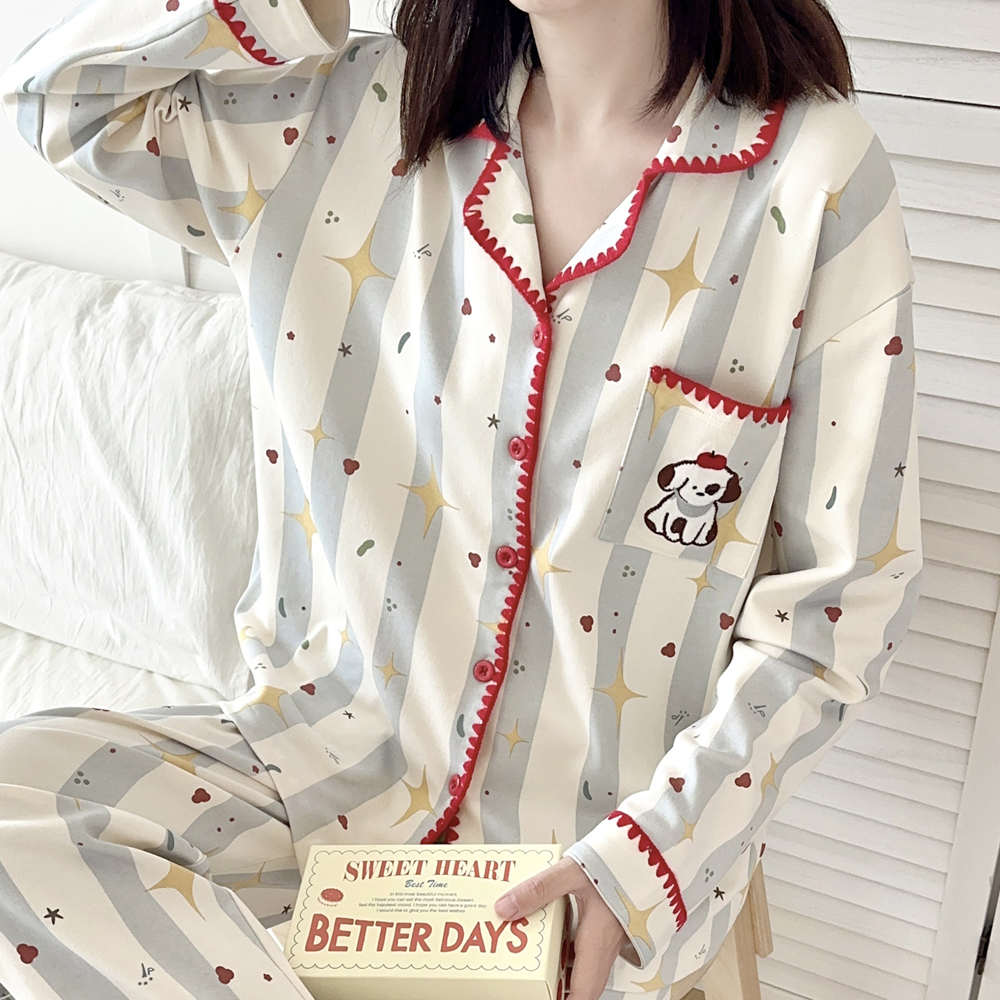 卡通条纹纯棉睡衣女春秋款2025新款长袖可外穿学生家居服套装冬天