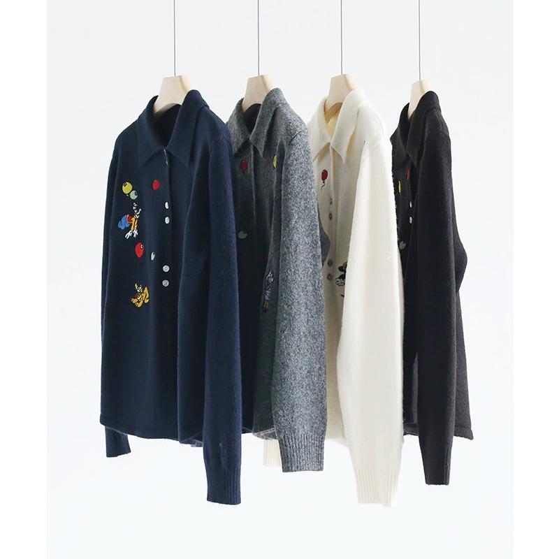 2024秋冬新品翻领刺绣针织开衫毛衣韩版减龄单排扣开叉时尚外套女
