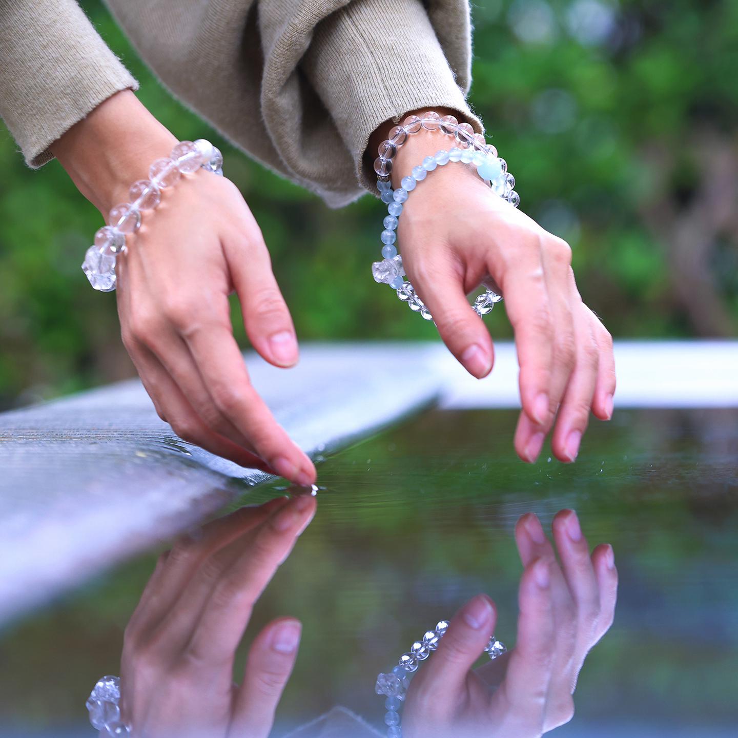 和合大仙人 特价包邮 天然白水晶+海蓝宝 设计款情侣手链弹力手串