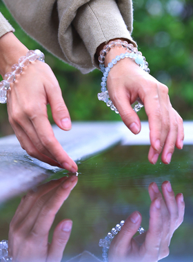 和合大仙人 特价包邮 天然白水晶+海蓝宝 设计款情侣手链弹力手串
