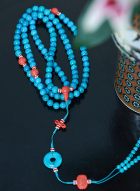 和合大仙人 原创自制孤品 美松108朝珠项链 天然绿松石古董老琉璃