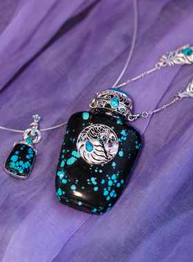 和合大仙人 原创收藏孤品 S925纯银古董绿松石随身香水瓶项链套装