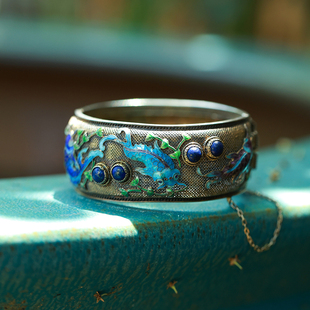 和合大仙人 古董精品 珐琅金鱼花丝手镯 老矿青金石 银鎏金开口镯