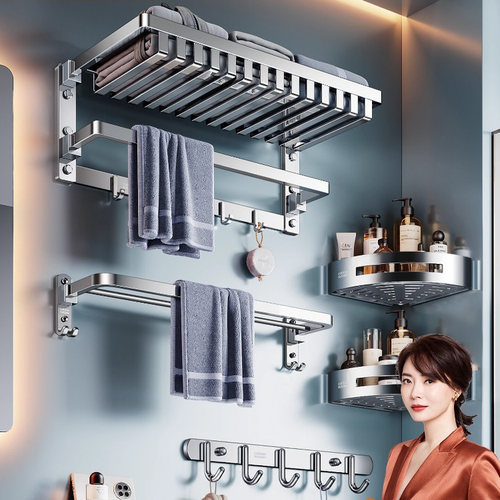 卡贝304不锈钢毛巾架卫生间浴巾架浴室置物架厕所可折叠五金挂件