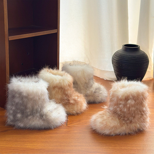 韩国童鞋 Y2K毛毛雪地靴儿童棉靴仿貉子狐狸毛外穿毛茸茸女童短靴