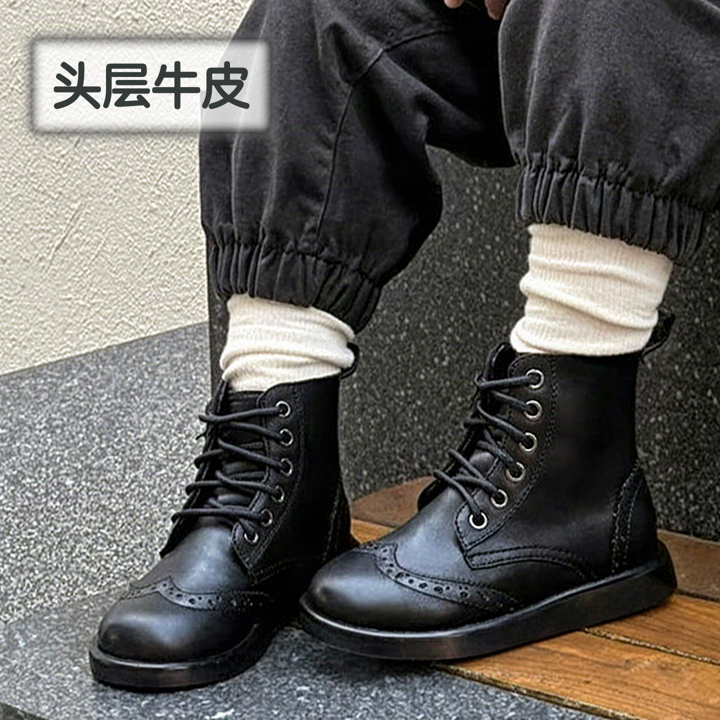 贝然真皮英伦儿童马丁靴秋冬加绒保暖宝宝短靴男女童黑色软底皮靴