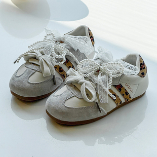 韩系蝴蝶结休闲豹纹板鞋 2026春季 女童银色阿甘鞋 儿童运动鞋 潮 新品