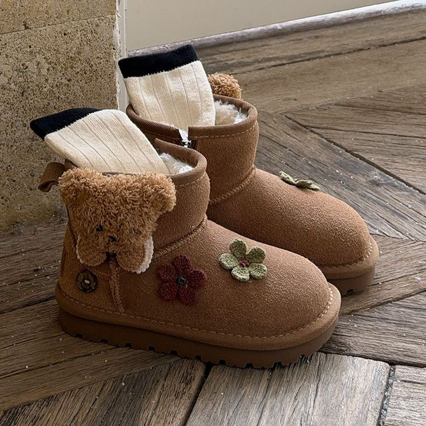 可爱小熊真皮儿童保暖雪地靴女童大棉鞋冬季加绒加厚小童宝宝短靴,童鞋/婴儿鞋/亲子鞋,雪地靴,淘宝优惠券,粉丝福利购,淘宝优惠卷