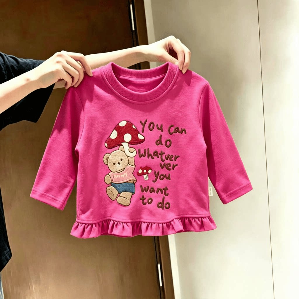 中小童长袖T恤女童春秋款可爱荷叶花边下摆洋气上衣儿童百搭上衣t