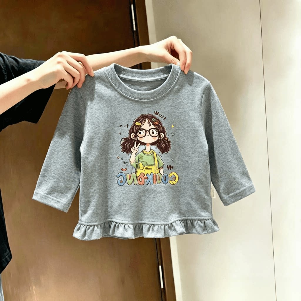 中小童长袖T恤女童春秋款可爱荷叶花边下摆洋气上衣儿童百搭上衣t