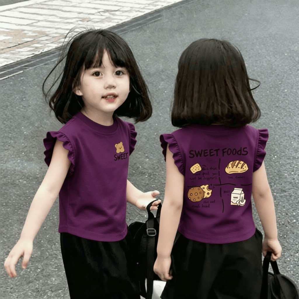 新款纯棉女孩印花飞袖儿童T恤背心中小童学院夏季设计感清新上衣