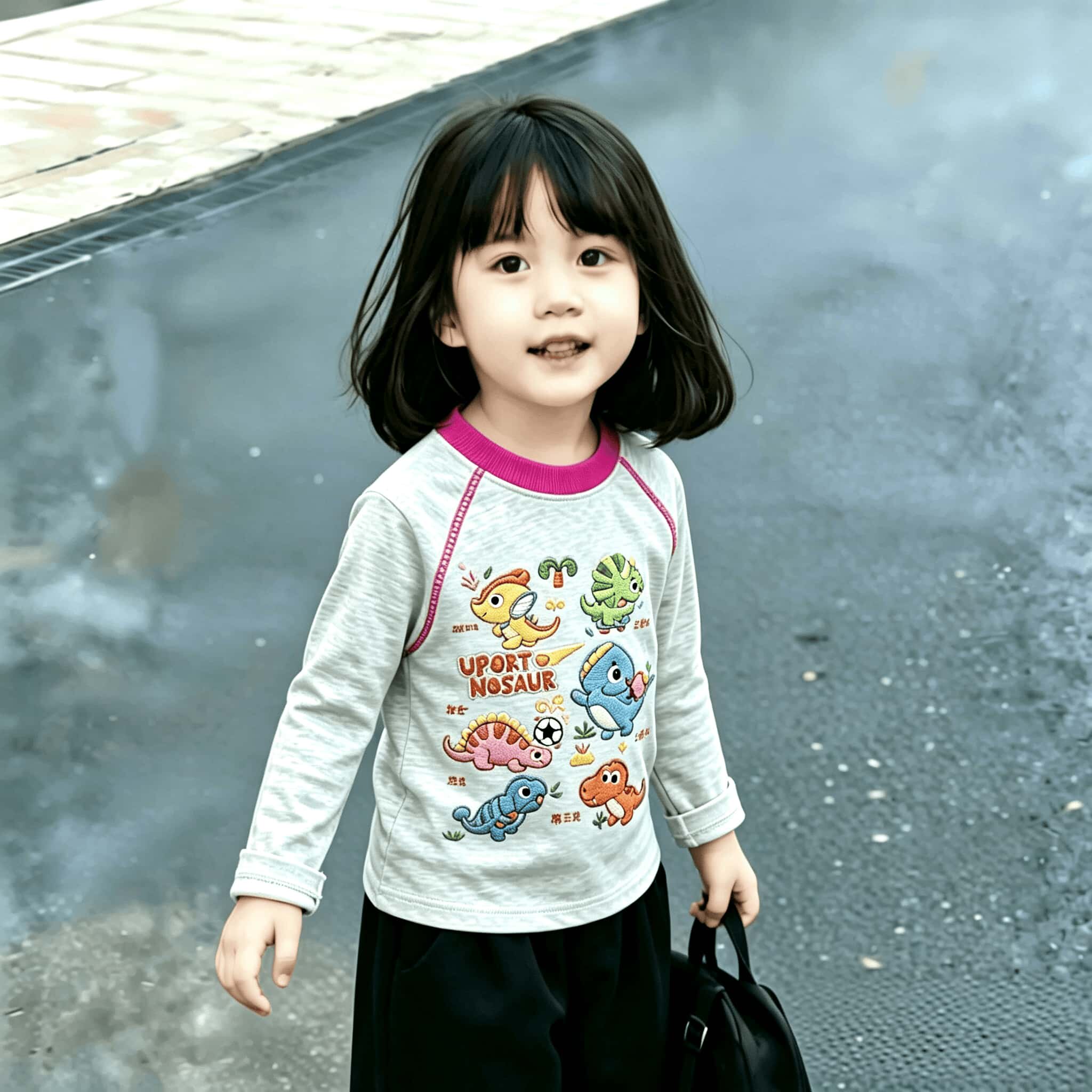 春秋中小童2026个性明线装饰卡通印花纯棉女宝宝撞色长袖T恤上衣t