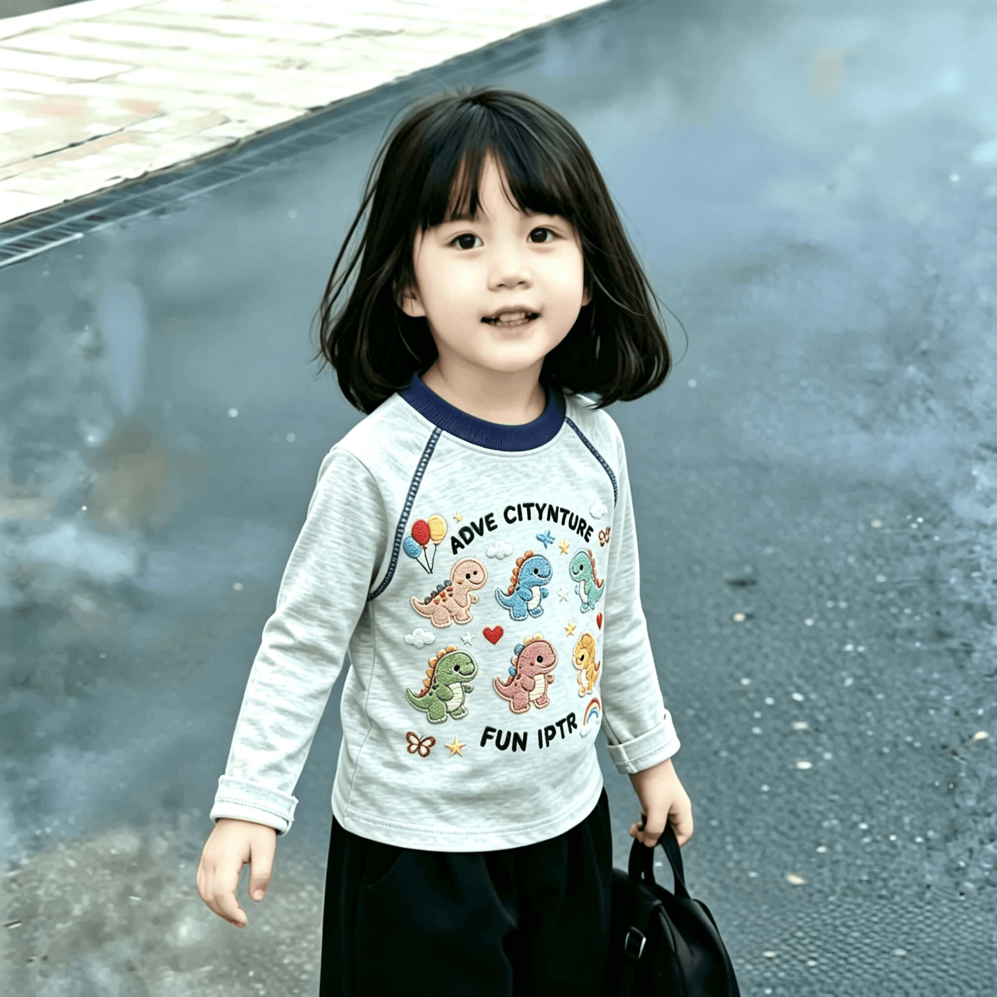 春秋中小童2026个性明线装饰卡通印花纯棉女宝宝撞色长袖T恤上衣t