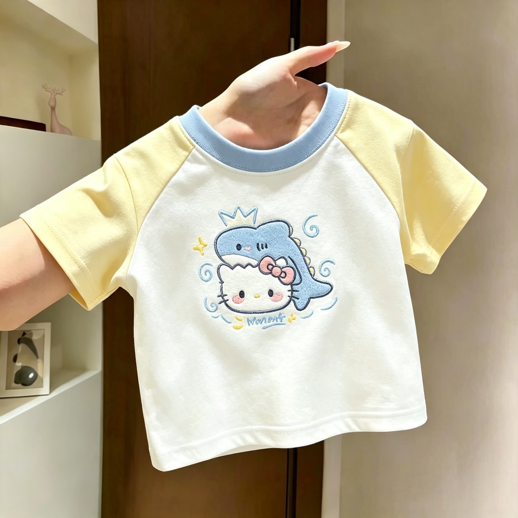 2026纯棉夏季男女孩拼接短袖新款T恤洋气印花打底t中小童韩版上衣