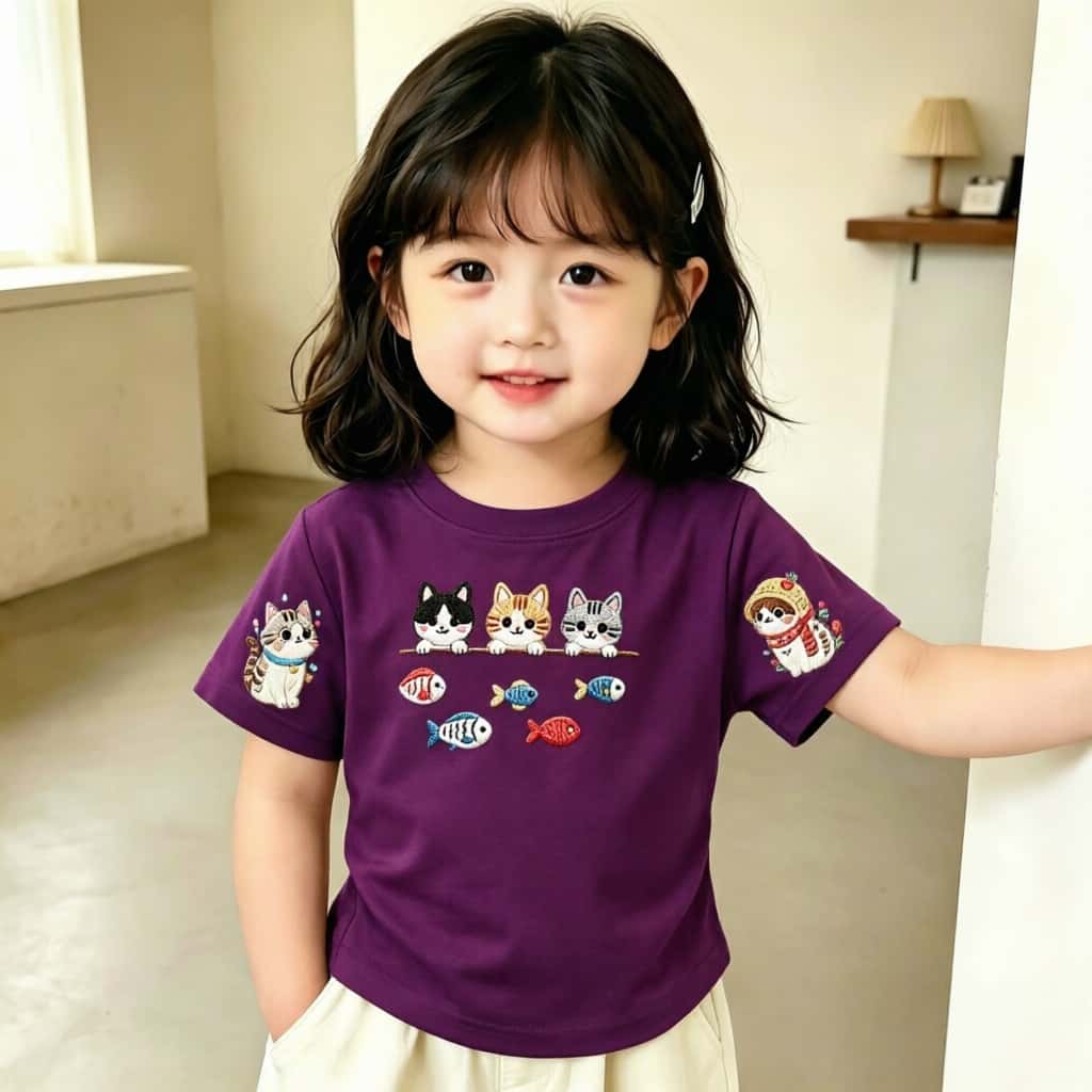 女孩子短袖100%纯棉卡通小猫抓小鱼新款夏季儿童T恤洋气可爱上衣t