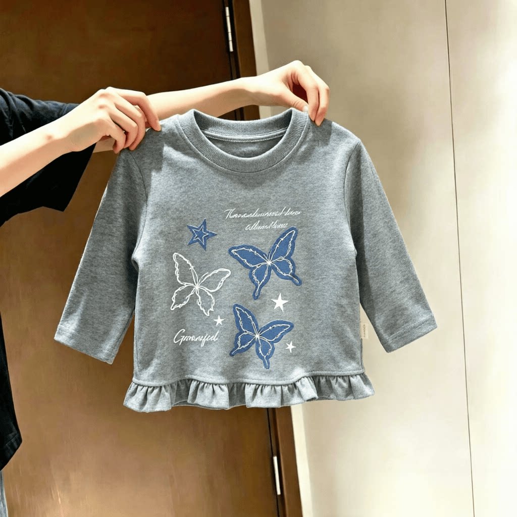中小童长袖T恤女童春秋款洋气荷叶花边下摆洋气上衣儿童舒适上衣t