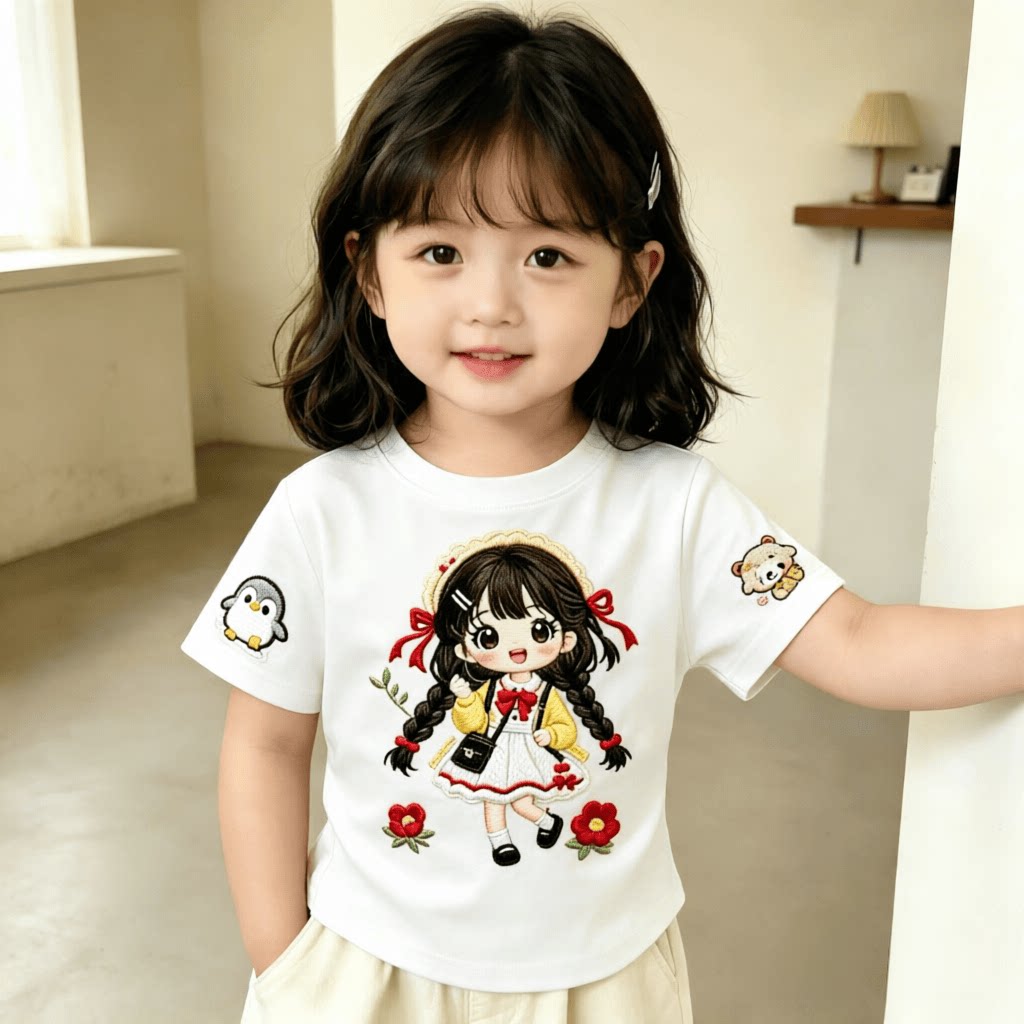 纯棉女童短袖多巴胺风格儿童T恤卡通花辫少女夏季甜美中小童上衣t