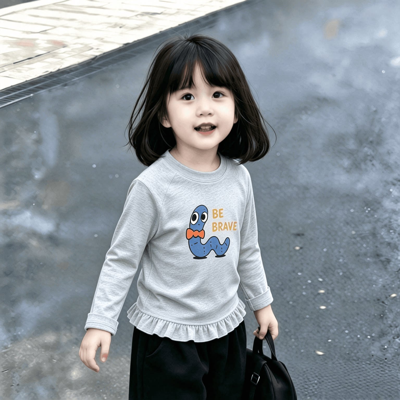 小众春秋装女童2026春季新款T恤打底衫上衣长袖荷叶花边下摆百搭t