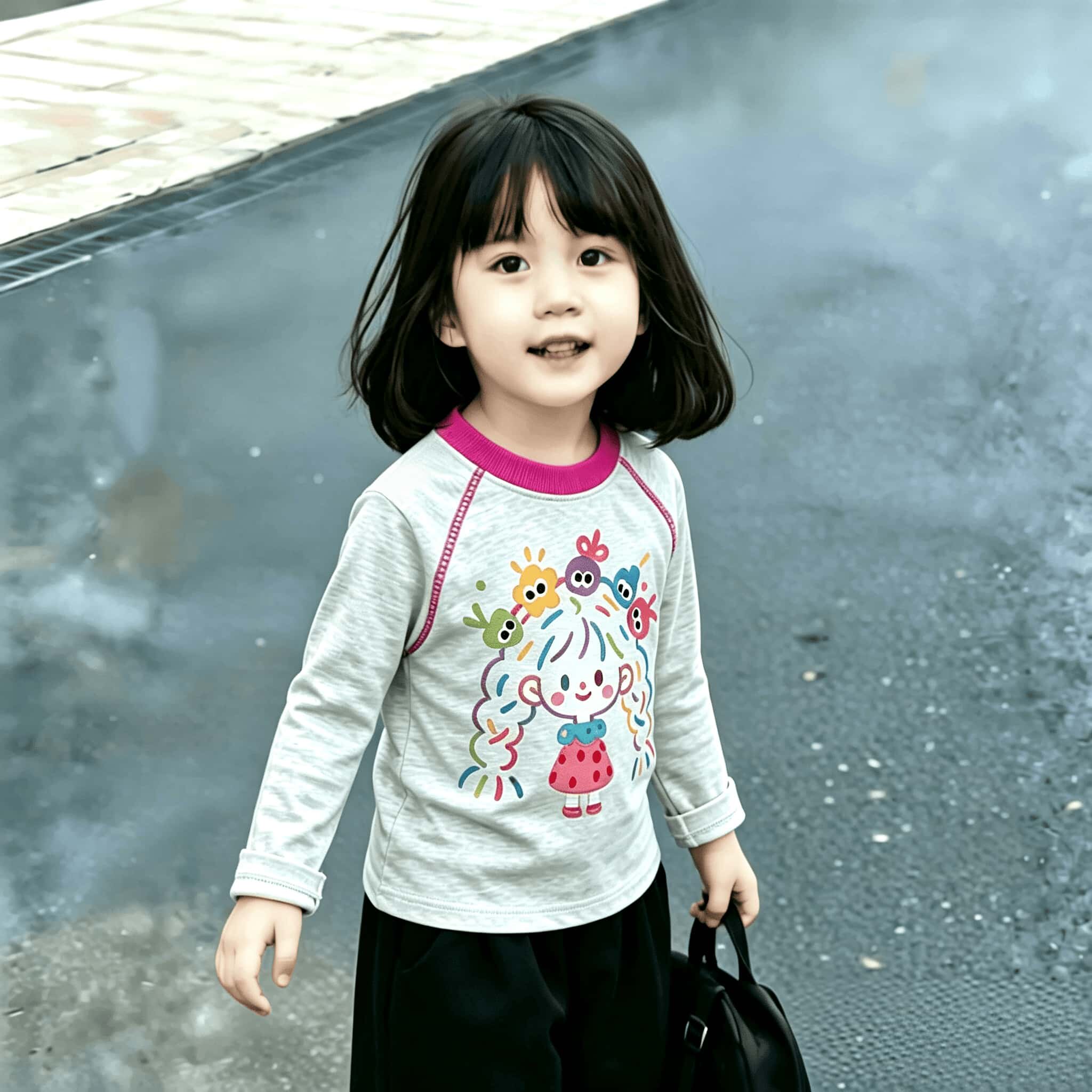 中小童秋季2026韩版明线装饰卡通印花纯棉女孩子撞色长袖T恤上衣t