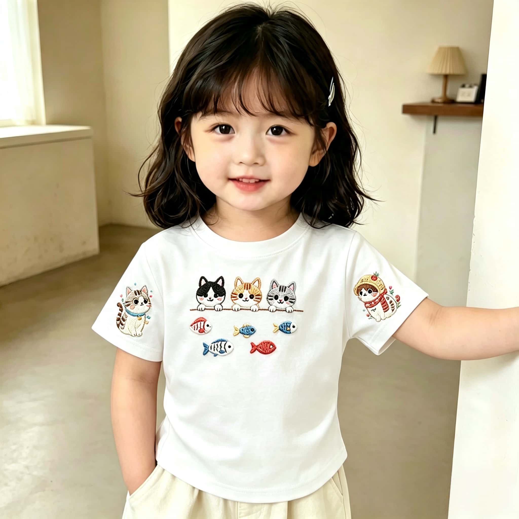 女孩子短袖100%纯棉卡通小猫抓小鱼新款夏季儿童T恤洋气可爱上衣t