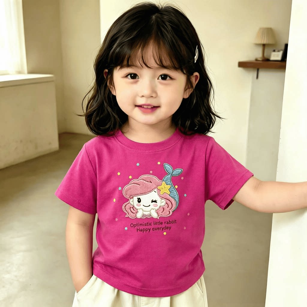 女孩短袖100%纯棉卡通美人鱼图案新款夏季儿童T恤甜辣设计感圆领t