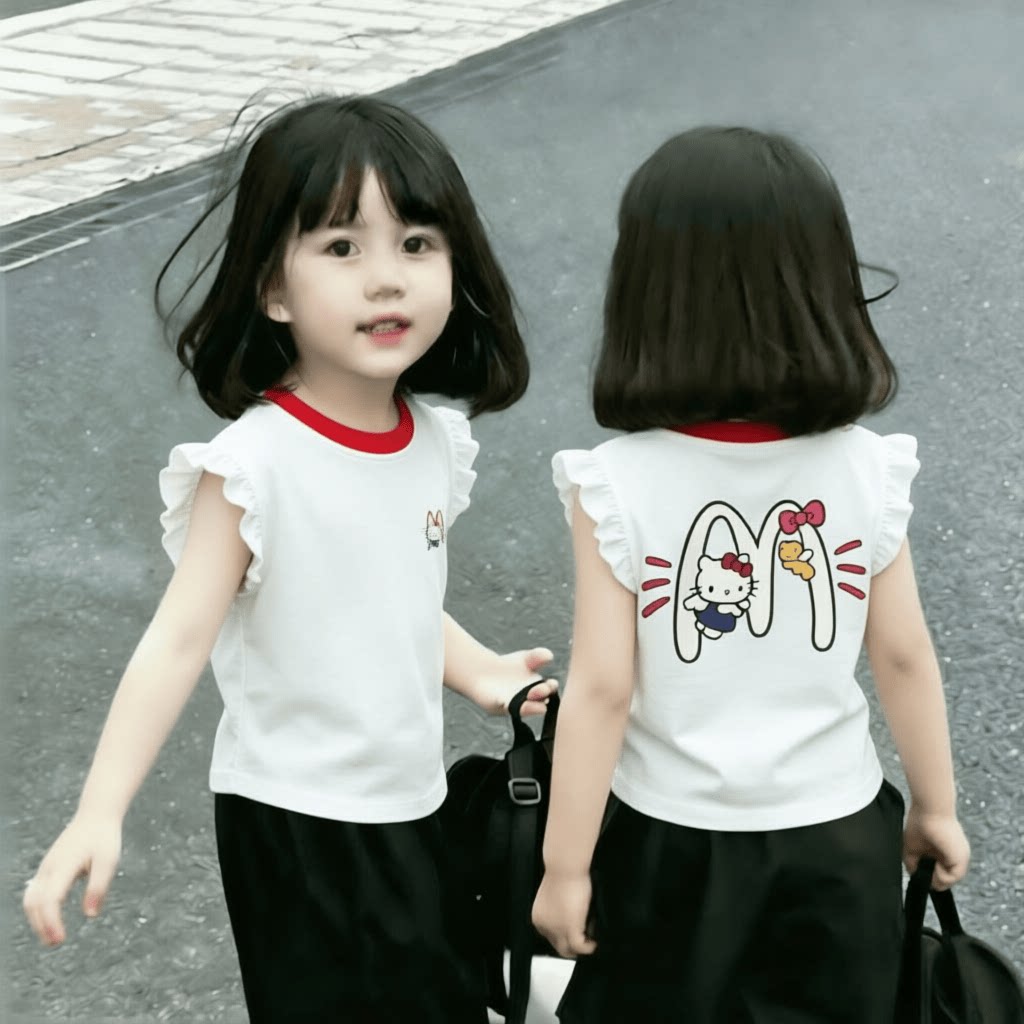 新款纯棉女孩印花飞袖儿童T恤背心中小童学院夏季设计感清新上衣