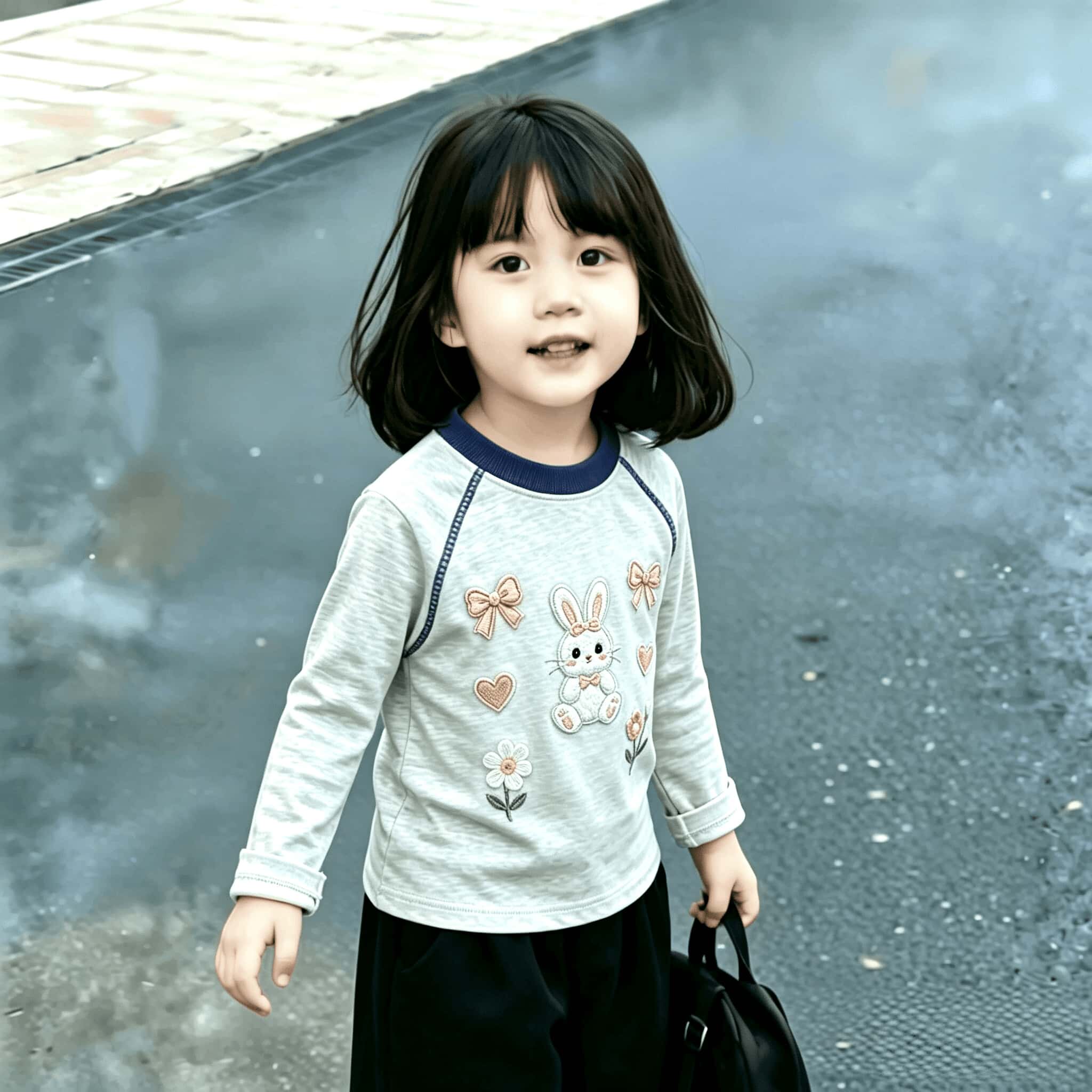 中小童秋季2026洋气明线装饰卡通印花纯棉女孩子撞色长袖T恤上衣t