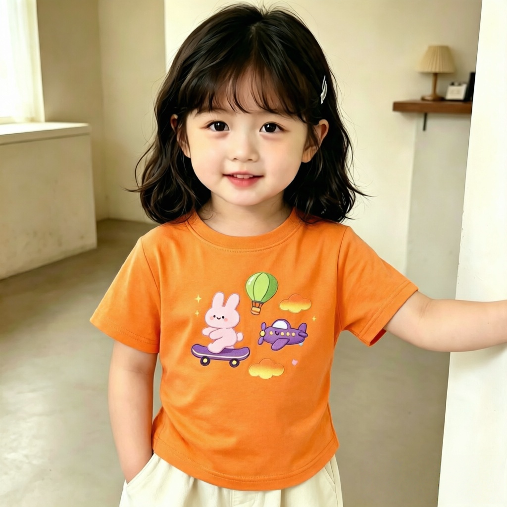 女孩短袖2026新款纯棉卡通兔子滑板图案夏季儿童T恤潮流个性上衣t