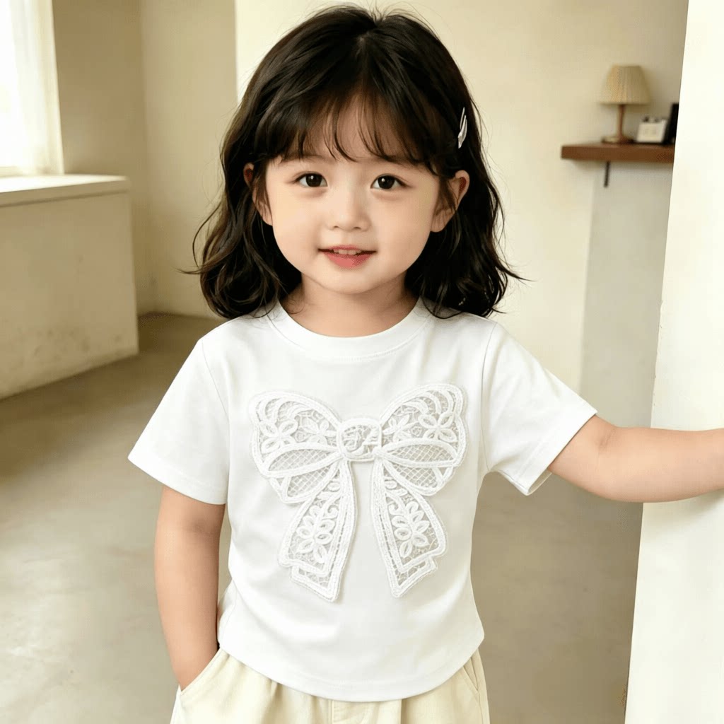 白蝴蝶结图案设计新款女童短袖100%纯棉T恤夏季儿童百搭甜美上衣t