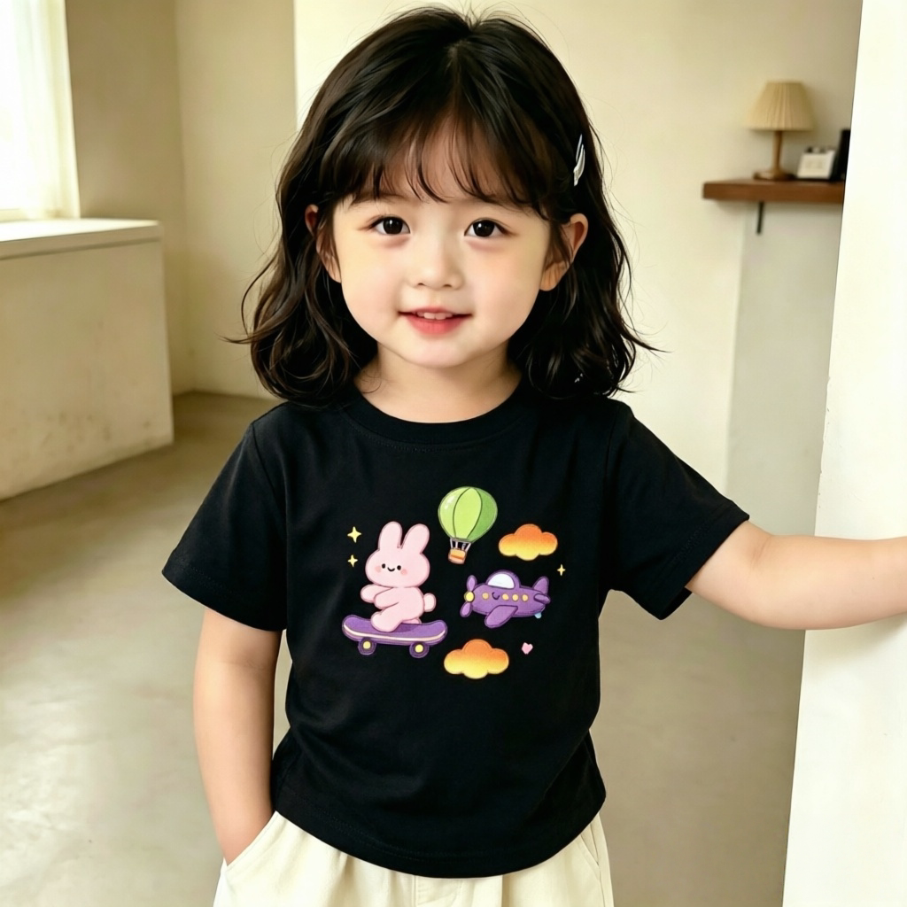 女孩短袖2026新款纯棉卡通兔子滑板图案夏季儿童T恤潮流个性上衣t
