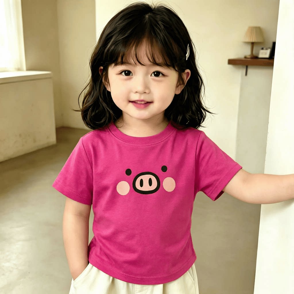 卡通粉色小猪2026女孩子短袖纯棉新款夏季儿童T恤百搭萌趣上衣T恤