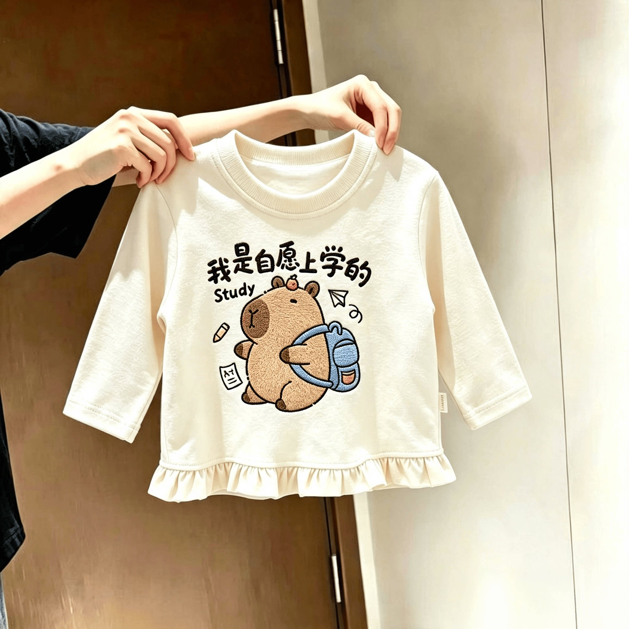 女童长袖T恤春秋款甜美荷叶花边下摆洋气上衣儿童百搭中小童上衣t
