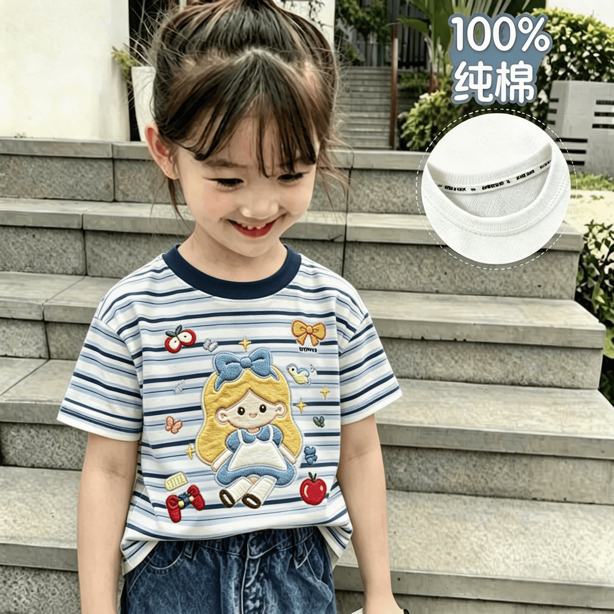100%纯棉女童短袖T恤夏季新款中小儿童可爱条纹拼色休闲轻薄上衣