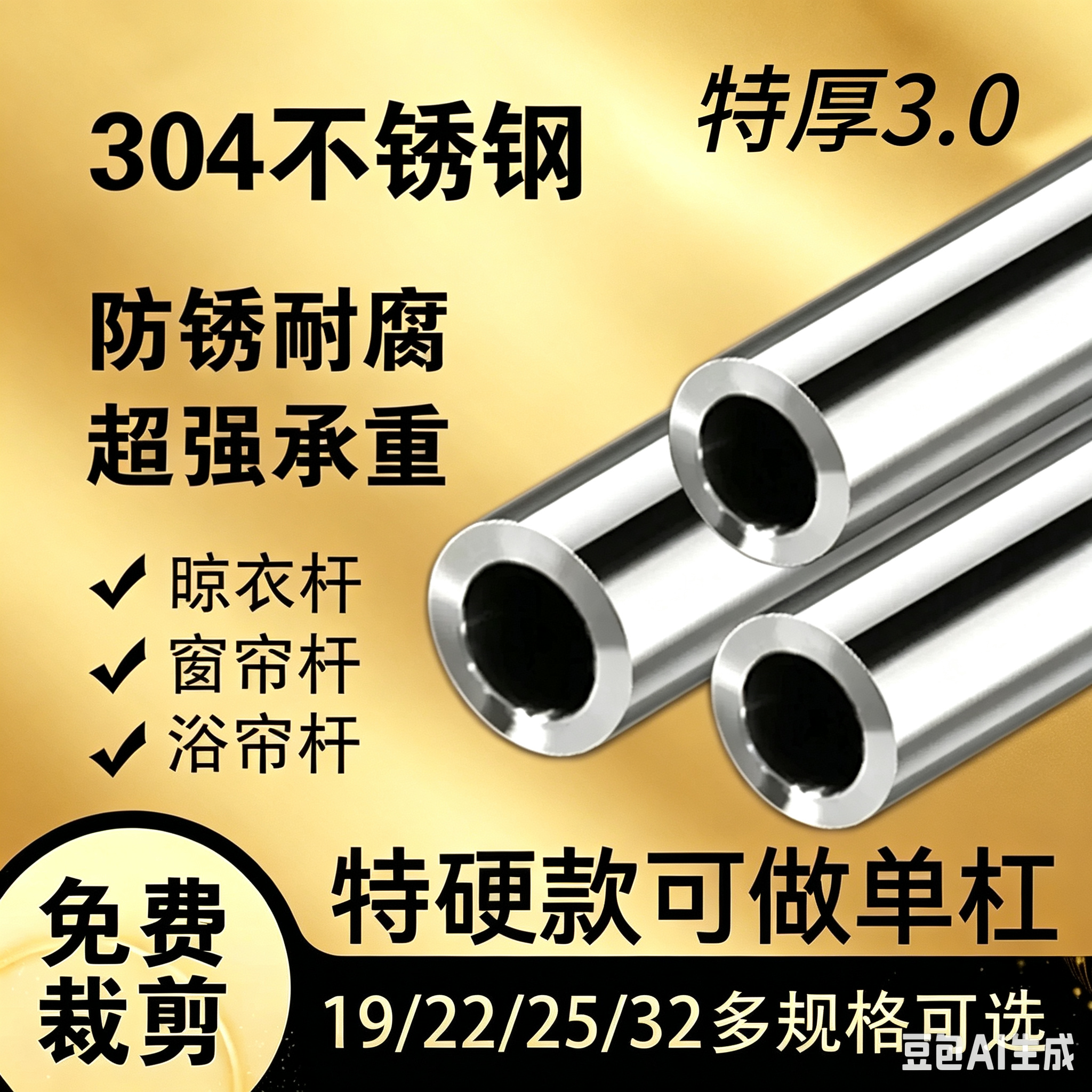 304正品不锈钢厚3.0mm圆管晒衣顶装晾衣杆阳台固定式挂单杆4米
