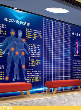 大尺寸体态评估表墙纸健身房装饰壁画减重训练姿势体测格子背景图