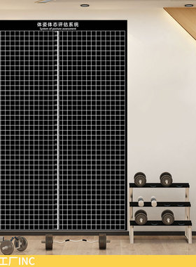 JF黑底白线体态评估表尺寸定制体姿网格背景墙纸贴健身房用体测图