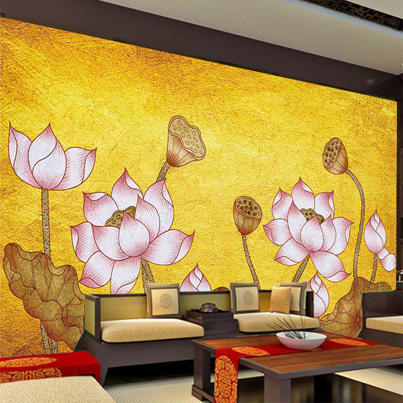 大莲花墙纸佛堂禅房养生供桌背景装饰画金铂荷叶酒店餐厅佛缘壁纸